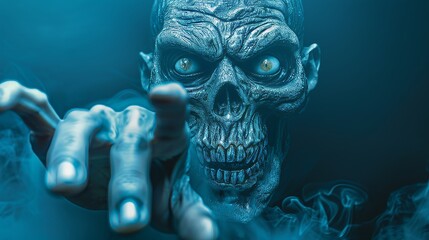 Sinister grim reaper reaching out on dark background with spooky ambiance and space for text