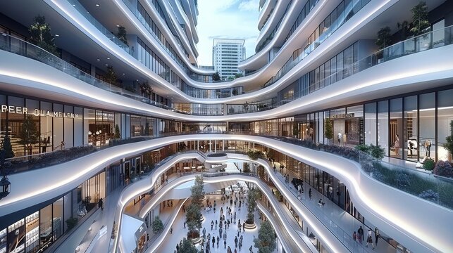 Unique luxury multi level long linear retail and commercial on top. Generative AI.