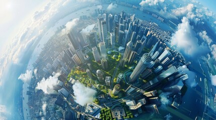 A photorealistic depiction of a thriving global business center on a vibrant blue planet, captured from a high vantage point.