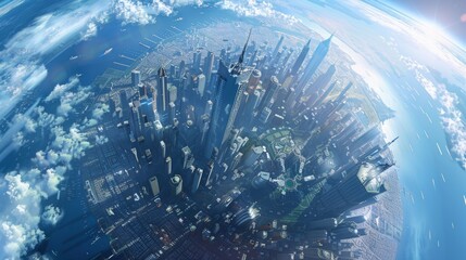 Naklejka premium A photorealistic depiction of a thriving global business center on a vibrant blue planet, captured from a high vantage point.