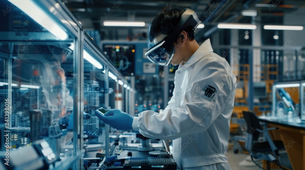 Aufkleber a man in white lab coats are wearing virtual reality goggles and working on a project. concept of in