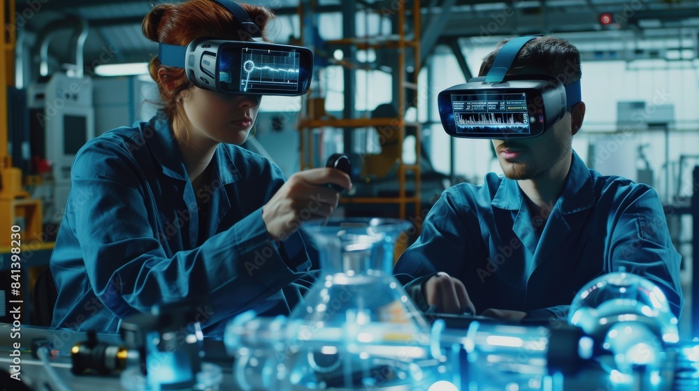 Poster a man in white lab coats are wearing virtual reality goggles and working on a project. concept of in