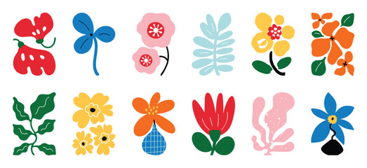 Botanical doodle background art vector set. Flower and leaves abstract shape doodle art design for print, wallpaper, clipart, wall art for home decoration.