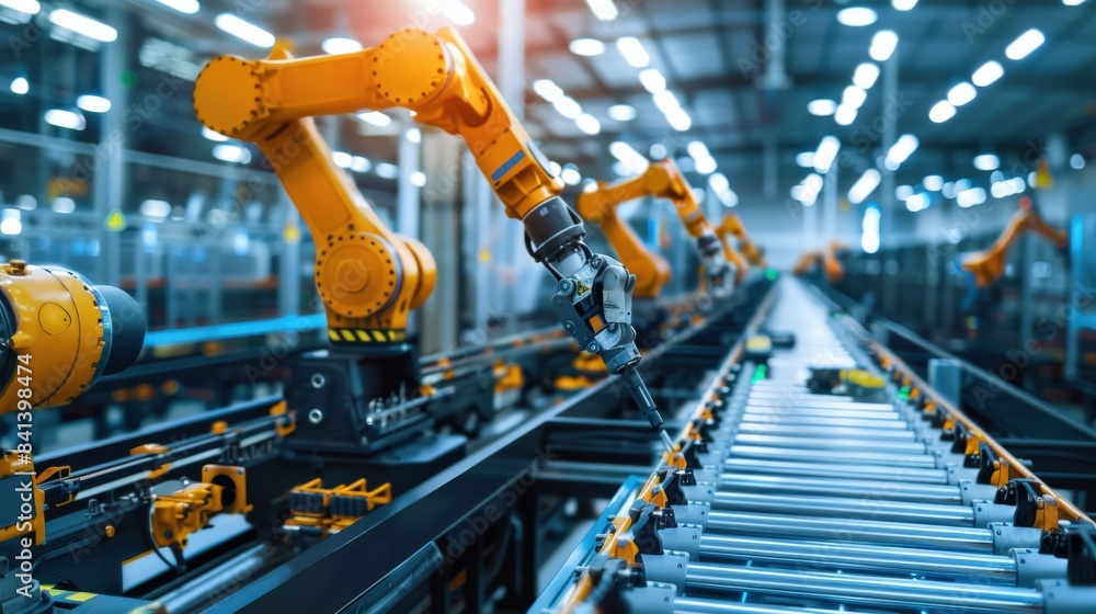 Aufkleber a factory with robots working on a conveyor belt