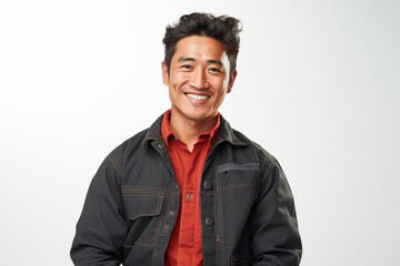 Smiling mechanic asian man on a white background. Automotive professions. Job offer. Job Search. Machine repair professions. Asian man. Asia. China. Japan. Image for graphic designer. AI.