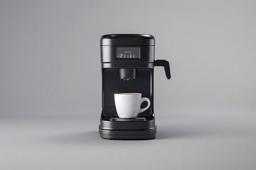 This realistic illustration depicts a sleek, modern coffee maker with a mug, ideal for tech and home environment settings