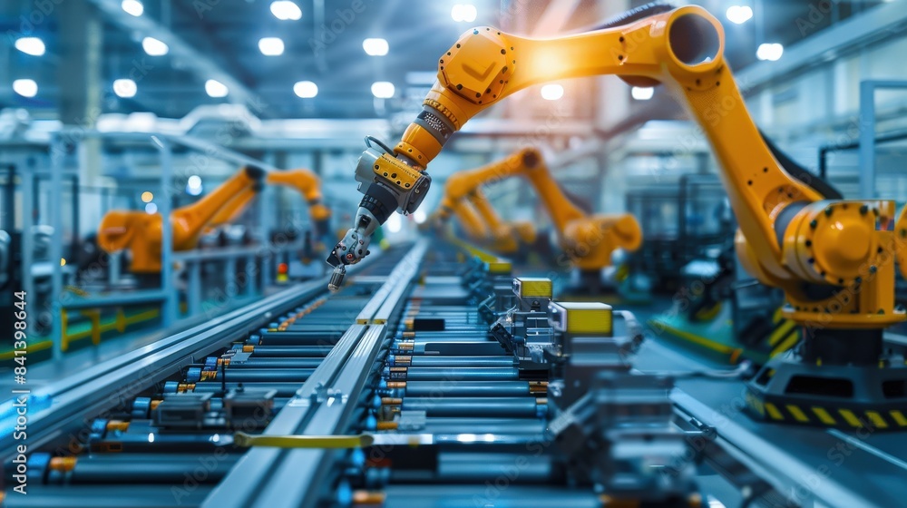 Poster a factory with robots working on a conveyor belt