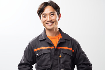 Smiling mechanic asian man on a white background. Automotive professions. Job offer. Job Search. Machine repair professions. Asian man. Asia. China. Japan. Image for graphic designer. AI.