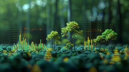 Data visualization on forest management and sustainability metrics, front view, highlighting the use of technology in conservation, technology tone, Complementary Color Scheme