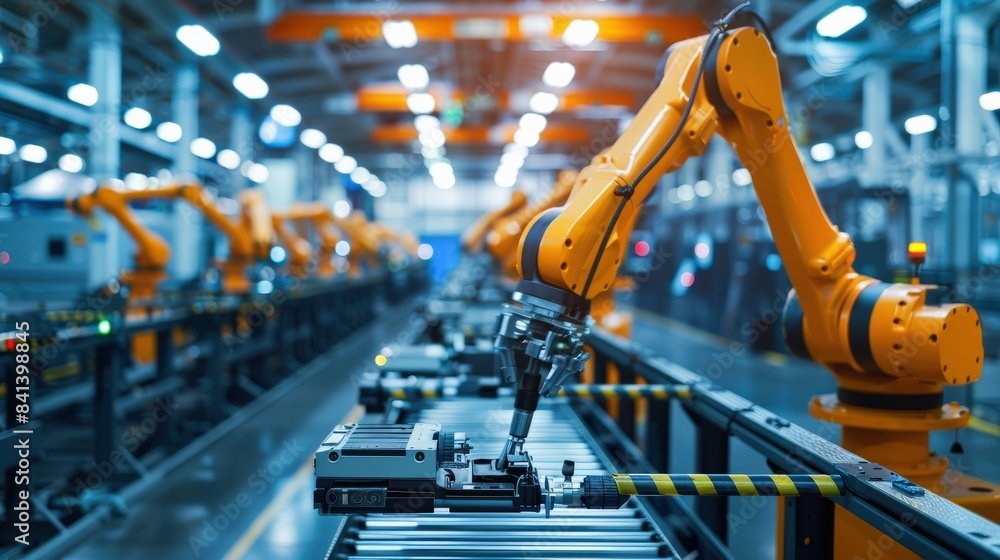Poster a factory with robots working on a conveyor belt