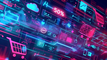 Abstract background showcasing digital shopping carts, product icons, and bold 50 OFF text amidst a futuristic, neon-lit landscape. Generative AI