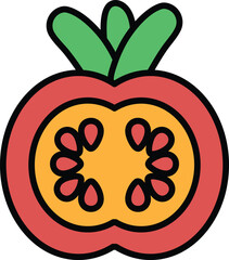 A cartoon drawing of a tomato with a green stem and leaves