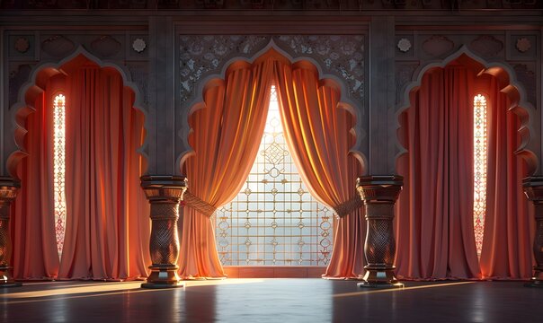 An Elegant Indian Musical Event Set Backdrop having arches, Generative AI