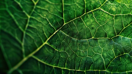 A close up of a leaf with a lot of detail. The leaf is green and has a lot of veins