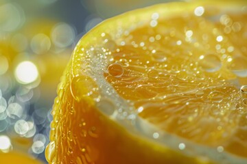A close up of a slice of orange with water drops on it at a high angle - Powered by Adobe