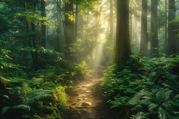 Obraz premium lush forest during the early morning A single path winding through the trees, with rays of sunlight