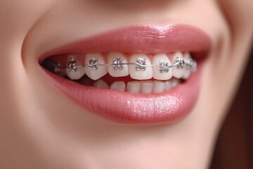 Close up Orthodontic Treatment. Dental Care Concept. Beautiful Woman Healthy Smiling With Metal Brackets on Teeth. Beautiful Female Smile with Braces.