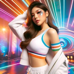 Young pretty Asian woman with glitter make-up wearing sporty fashion, white clothes, model posing isolated on a colorful modern pink and blue background, k-pop style