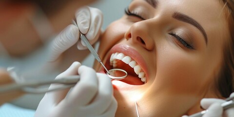 Cute girl in a dental clinic. Dentist with an assistant in protective blue gloves are examining her teeth with a help of a dental probe with a mirror and an air polisher. Closeup horizontal photo.