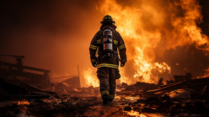 Naklejka premium firefighters walking away from a fire.