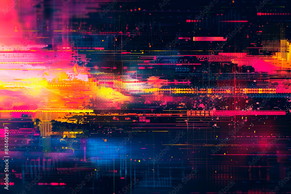 Poster Abstract digital art with vibrant colors and glitch effect on a dark background, concept of data corruption. Generative AI
