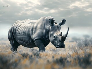 Fototapeta premium Powerful Rhinoceros Roaming the Savanna with Prominent Horn