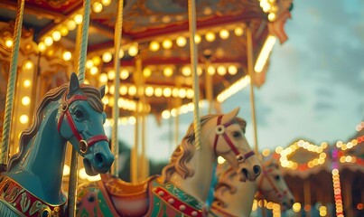 Vintage carousel with ornate horses painted in classic colors, Generative AI