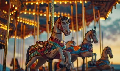 Vintage carousel with ornate horses painted in classic colors, Generative AI
