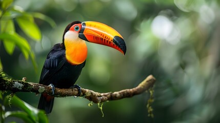 Naklejka premium Vibrant Toucan Perched Amidst Lush Rainforest Foliage Wildlife Portrait Concept