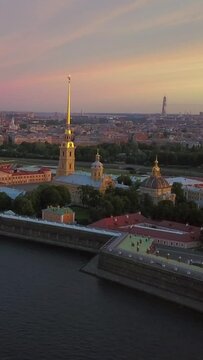 Aerial view of Petropavlovskaya krepost of Saint-Petersburg. Summer Sunrise light Vertical shot.