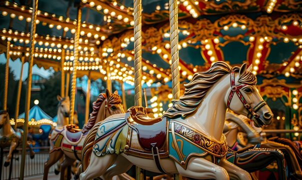 Vintage carousel with ornate horses painted in classic colors, Generative AI