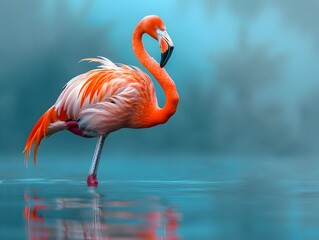 Graceful Flamingo Standing in Shallow Water Vibrant Pink Feathers Contrasting with Blue Background