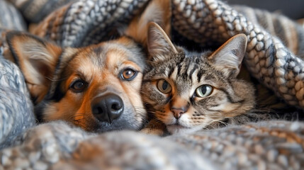 Cozy Dog and Cat Snuggling Under Blanket