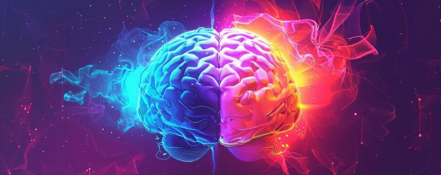 A digital painting of a brain split in two colors, blue and red, with a glowing effect. The brain is surrounded by colorful smoke.