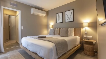 Stylish compact bedroom in soothing colors with a double bed portraying the idea of a snug hotel room