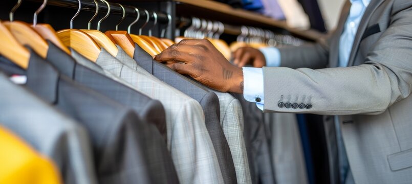 Dapper gentleman selecting refined business attire in luxurious shopping complex