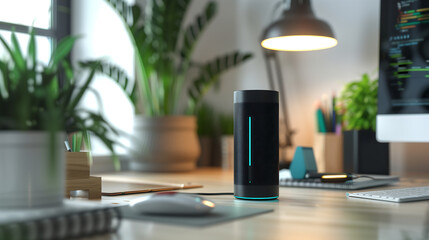 smart speaker on a desk in a modern office, black with a blue LED light strip around it, plants and a computer in the background, daylight