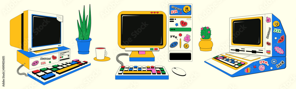 Poster set of vintage computers in retro groovy style. vector illustration of desktop computers with sticke