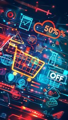 Abstract digital background featuring a shopping cart, product icons, and 50% off text, representing an online sale. Generative AI