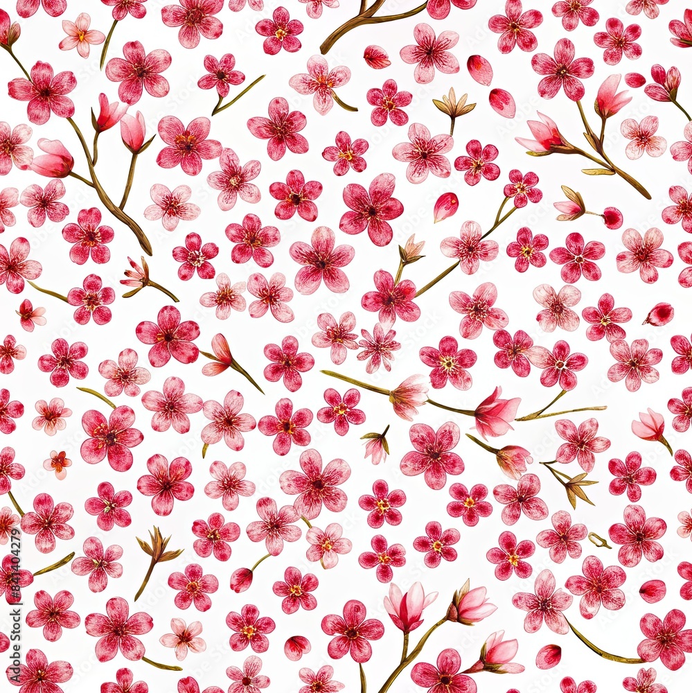 Aufkleber a seamless pattern featuring illustrated red cherry blossoms on a white background. perfect for addi