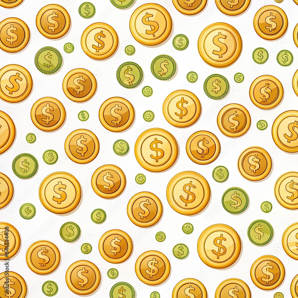 Poster this image is a repeating pattern of gold and green dollar coins on a white background. generative a