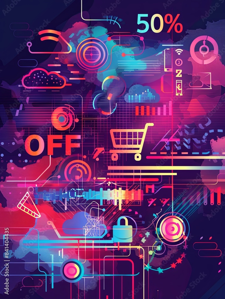 Poster Abstract digital background with shopping cart, 50% off, and various tech elements. Generative AI