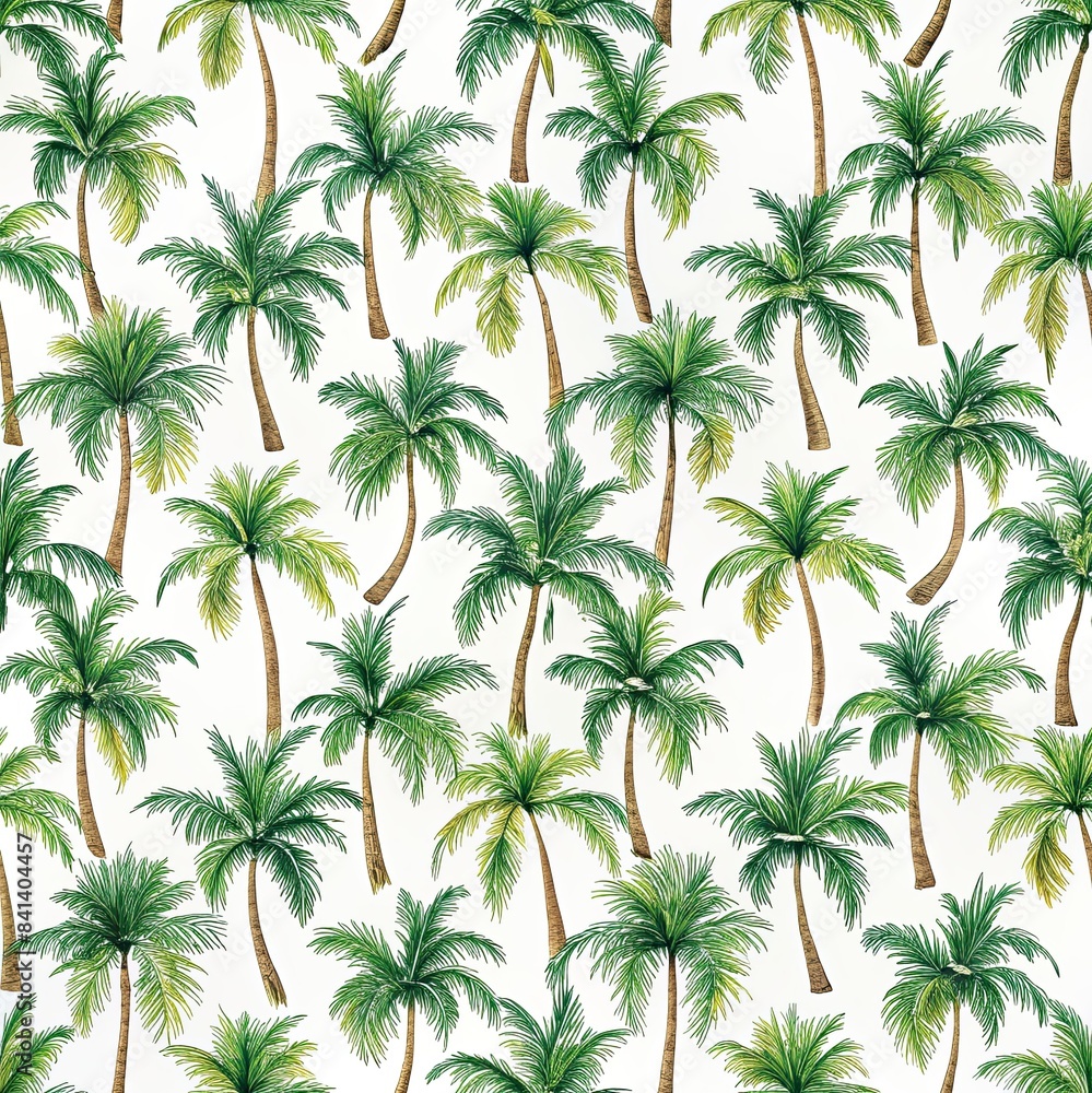 Poster an illustrated seamless pattern featuring multiple palm trees in various sizes and angles on a white