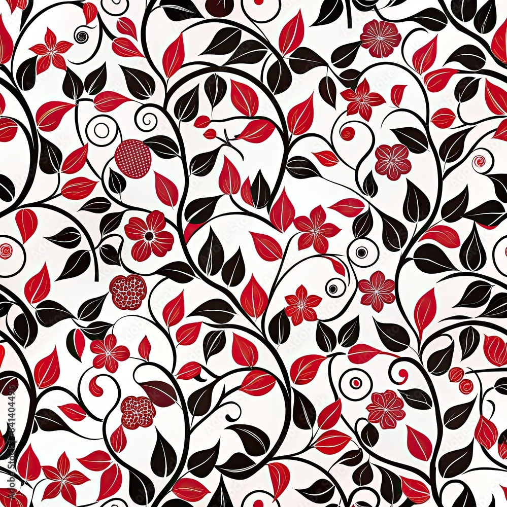 Aufkleber a seamless pattern featuring intricate vines with red and black leaves and flowers on a white backgr