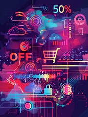 Abstract digital background with shopping cart, 50% off, and various tech elements. Generative AI
