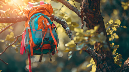 Fototapeta premium A backpack is hanging from a tree branch