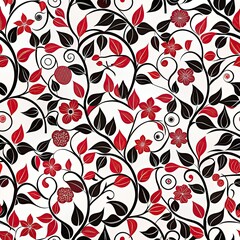 A seamless pattern featuring intricate vines with red and black leaves and flowers on a white background. This pattern can be used for various design projects. Generative AI