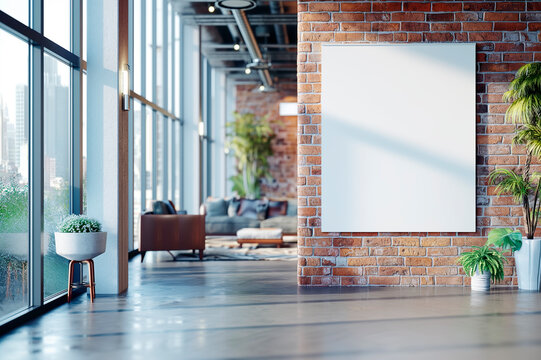 An empty poster on a brick wall inside a modern loft, with natural light and plants, concept of a mockup. Generative AI
