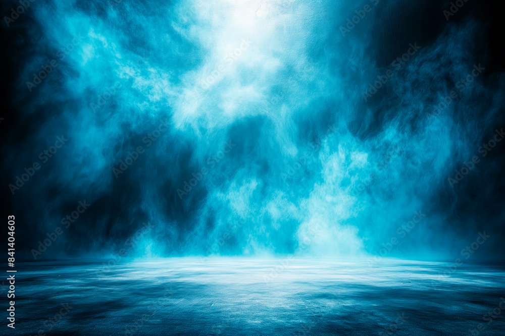 Poster mysterious blue mist over an empty ground surface with light penetrating, on a dark background, conc