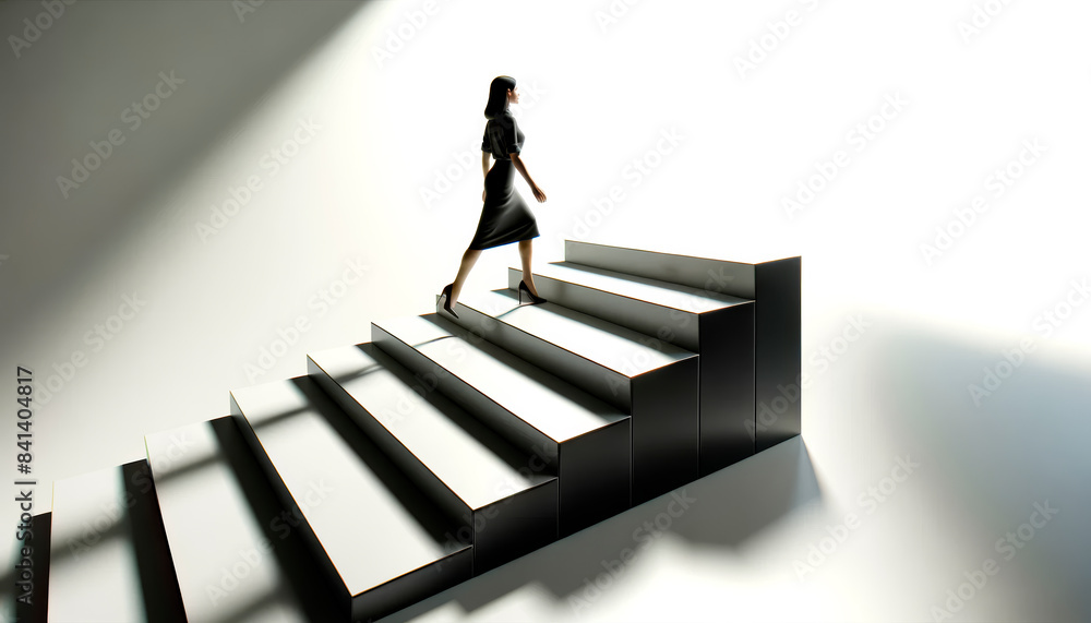 Poster a woman ascending stairs in a minimalist setting, with a high-contrast light and shadow play, depict